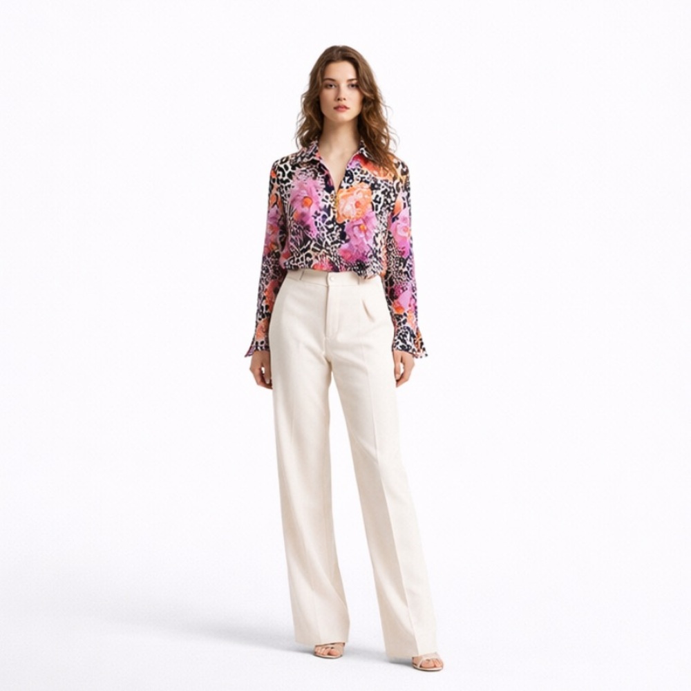ST. JOHN silk floral leopard print blouse roses peony - Picture 16 of 17